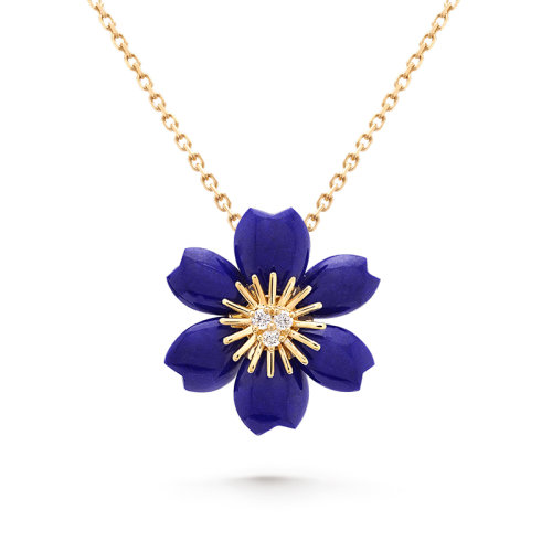 Van Cleef & Arpels/梵克雅宝 Rose de No?l系列 18k金黄金饰有青金石镶嵌钻石迷你圣诞玫瑰吊坠项链 VCARP7T200