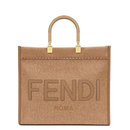 FENDI/芬迪  SUNSHINE系列 女士中号棕色法兰绒皮革饰边单肩手提包购物袋8BH386AHJ9F1F1T