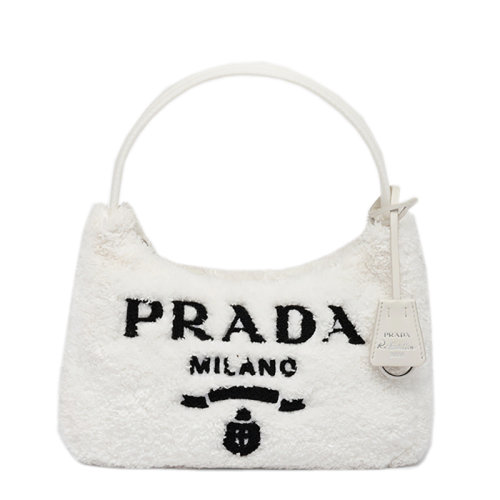 PRADA/普拉达 22新款Re-Edition 2000系列 女士迷你白色/黑色织物徽标印花饰徽标吊饰单肩斜挎毛圈包hobo流浪包1NE515_2DXO_F0964