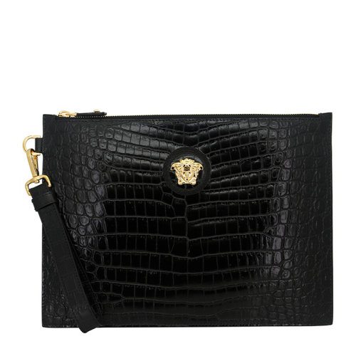 VERSACE/范思哲 男士黑色鳄鱼压纹牛皮美杜莎头像徽标拉链开合钱包卡包手包腕包手拿包男包 DP85102-DCOV4-D41OH
