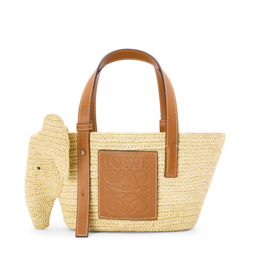 LOEWE/罗意威  Elephant系列 女士小号自然色/棕褐色酒椰纤维/小牛皮徽标压纹大象轮廓手提袋0010574770