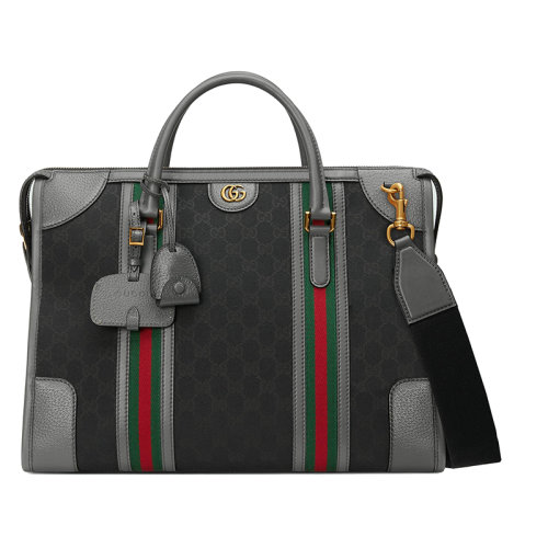 GUCCI/古驰 22新款 男士大号黑色帆布配灰色皮革金色饰面绿色/红色条纹双G细节可拆卸挂锁帆布肩带单肩斜挎手提旅行包715671FAARB1048