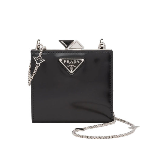 PRADA/普拉达 22春夏新款 女士黑色亮面皮革三角珐琅银扣链式钱包1ME007_ZO6_F0002