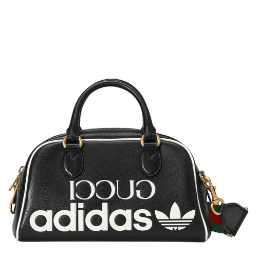 GUCCI/古驰 22新款阿迪达斯联名 男士迷你黑色皮革白色主题系列徽标印花金扣配红绿织物皮革肩带单肩手提旅行包702397U3ZCT8726