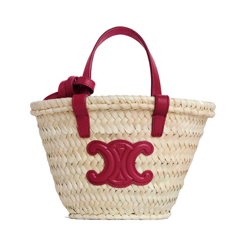 CELINE/赛琳 22新款TRIOMPHE系列 女士nano原色棕榈叶配胭脂红小牛皮细节单肩斜跨手工编织篮子包10J392EH6.27CA