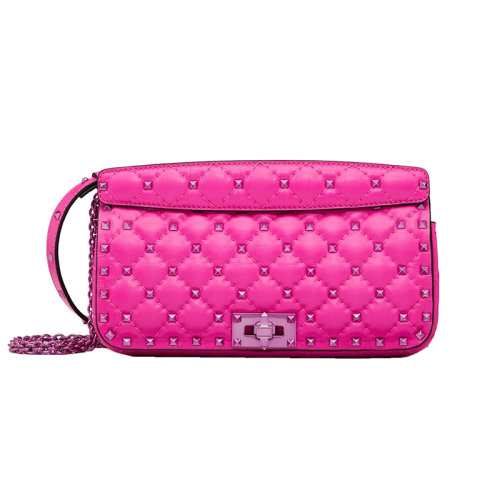 Valentino/华伦天奴 22新款 ROCKSTUD SPIKE系列 女士粉色绗缝小牛皮配同色饰面铆钉旋转扣翻盖开合拆卸肩带单肩斜挎包1W0B0K71NFEUWT