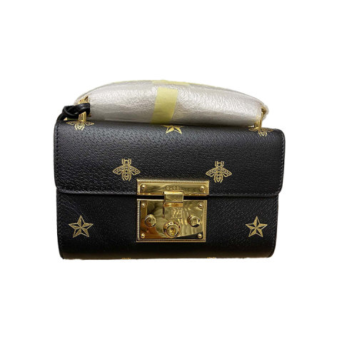 Gucci古驰 女士 padlock月光宝盒！黑色全皮小蜜峰烫金款