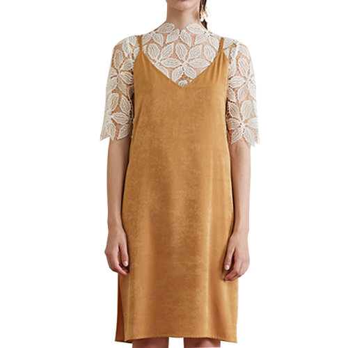 HUI/卉 女士连衣裙19夏季黄棕色两件套连衣裙蕾丝内搭吊带连衣裙