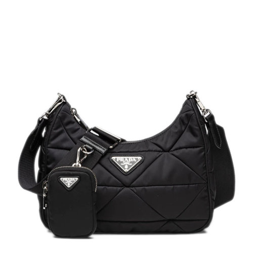 PRADA/普拉达 22年新款 女士黑色尼龙银扣徽标配可拆卸小袋拉链开合斜跨单肩包1BC1_RDJN_F0002_V_O1O