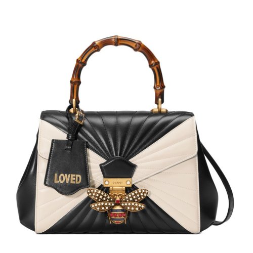 GUCCI/古驰  Queen Margaret系列 女士黑白拼色皮革竹节手柄皮质手提单肩蜜蜂包