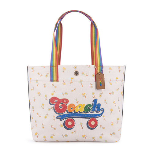 COACH/蔻驰女士拼色经典字母徽标彩虹滑板印花磁扣开合彩虹肩带单肩包手提包托特包购物包女包 C4099IMCAH