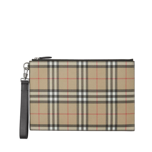 BURBERRY/博柏利  男士典藏米色Vintage格纹环保帆布拉链手拿包80495881