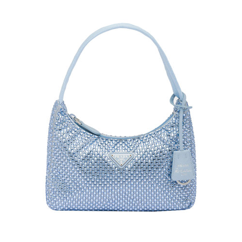 PRADA/普拉达 22新款 女士天蓝色mini水晶配缎面手柄可拆卸吊饰珐琅徽标拉链开合肩背手提流浪包1BC515_2AWL_F0076_V_OOO