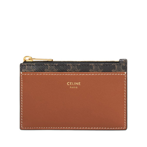 CELINE/赛琳 经典款 女士老花凯旋帆布棕褐色羊皮饰边拉链卡包卡片夹10F992BZ9.04LU