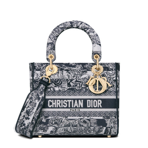 DIOR/迪奥 22春夏新款LADY D-LITE系列 女士中号海军蓝色织物条纹茹伊印花刺绣金扣单肩斜跨手提戴妃包M0565ORLP_M928