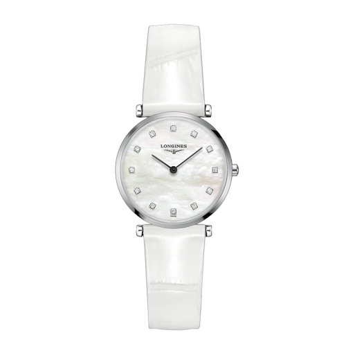 LONGINES/浪琴 嘉岚系列 女士白色石英精钢表壳鳄鱼皮表带和表盘镶钻防刮蓝宝石水晶玻璃腕表29毫米L4.512.4.87.0