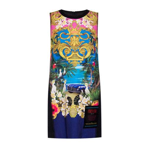 VERSACE JEANS/范思哲牛仔 女士拼色聚酯纤维混纺氨纶印花装饰短款无袖连衣裙 D2HVA436-S0665-424