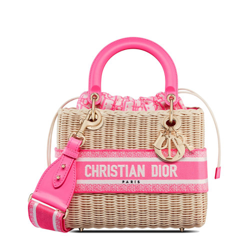 DIOR/迪奥 22新款LADY DIOR系列 女士中号柳条编织粉色老花抽绳设计小袋单肩斜挎手提包M0565OMVD_M956