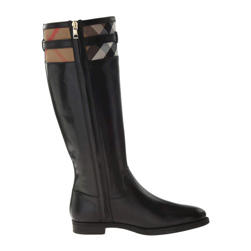 BURBERRY/博柏利 女士黑色牛皮格纹低跟拉链长靴高筒靴及膝靴女鞋 3943095