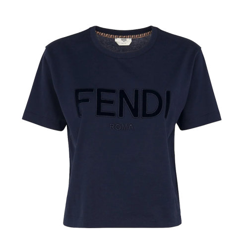FENDI/芬迪 22年早春新款 女士蓝色纯棉正面Logo刺绣短袖T恤FS7389AJ0VF1FLH