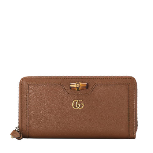 GUCCI/古驰新款Diana系列 女士棕色皮革做旧的金色饰面双G竹扣长款钱包65863417Q0T2535