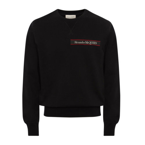 Alexander McQueen/亚历山大麦昆 男士黑色棉质有机针织经典字母徽标印花装饰圆领长袖上衣卫衣运动衫套头衫 642663-QQX75-1000