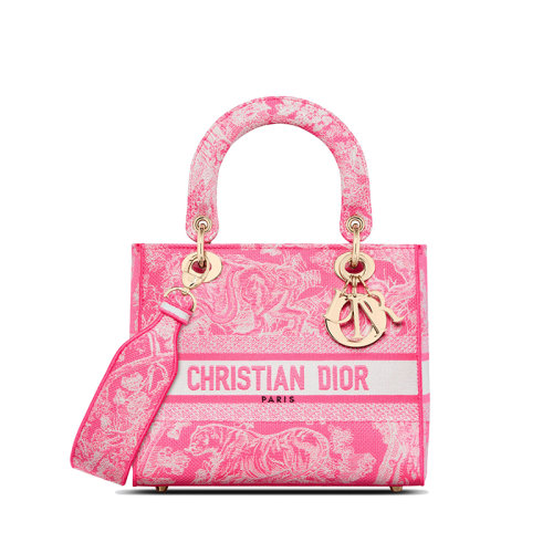 DIOR/迪奥 22新款LADY D-Lite系列 女士中号荧光粉织物茹伊印花刺绣手袋M0565OROC_M956