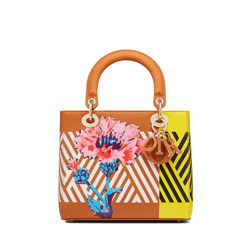 DIOR/迪奥 经典款LADY DIOR系列 女士中号拼色牛皮革D-Flower Pop图案印花饰金扣单肩斜挎手提戴妃包M0565OBDB_M70E