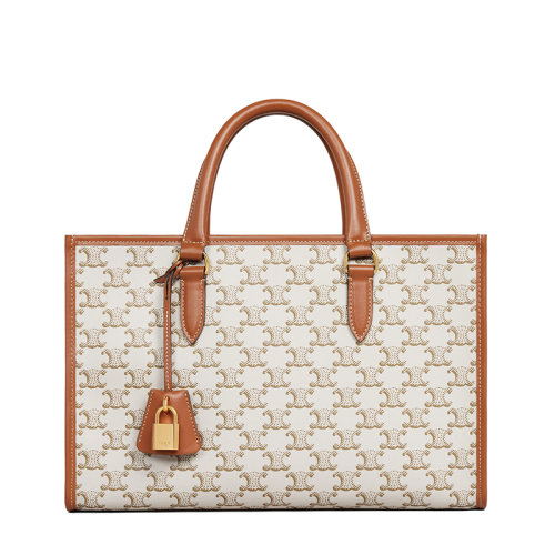 CELINE/赛琳 22新款 女士迷你款白色老花帆布棕褐色皮革饰边横款单肩手提托特包199742BZJ.01BC