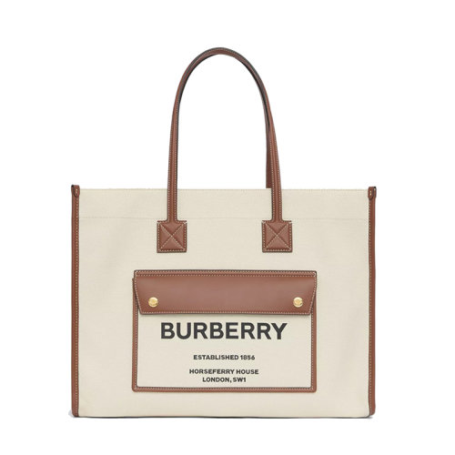 BURBERRY/博柏利 20  Freya系列 女士中号自然色/棕褐色棉质帆布绗缝小牛皮Horseferry印花单肩斜挎手提包80441291