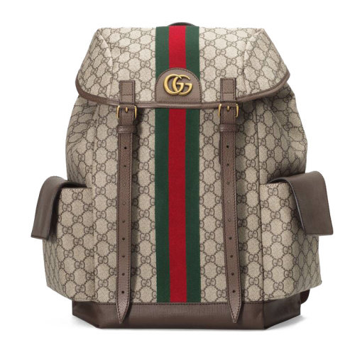 GUCCI/古驰 GGSupreme系列 帆布拼皮条纹织带抽绳双肩包 598140HUHAT8564