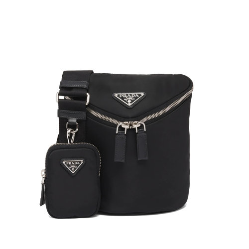 PRADA/普拉达 22年新款 男士黑色再生尼龙和皮革水桶徽标配拆卸小袋单肩包2VH7_2DW3_F0002_V_OOO