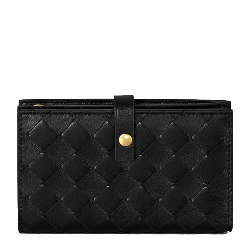 Bottega Veneta/葆蝶家 女士黑色皮革经典编织款按扣开合钱夹钱包卡包女包 609070-VCPP3-8648