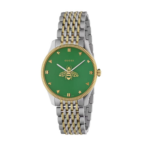 GUCCI/古驰      G-Timeless系列 男女同款蜜蜂秒针绿色表盘石英机芯黄金色PVD镀层精钢表壳9链节黄金色PVD镀层精钢表链腕表36毫米681758I86009802
