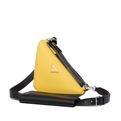 PRADA/普拉达 22新款 男士黑色阳光黄色Saffiano皮革珐琅金属三角形徽标单肩斜挎包2VH157_2FOQ_F0L8P_V_OLB