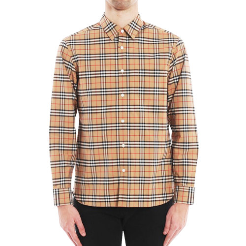 棉质翻领卡其色格纹男士长袖衬衫 BURBERRY/博柏利 上装 衬衣 内搭