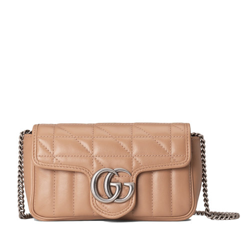GUCCI/古驰  GG Marmont系列 女士超迷你玫瑰米色绗缝皮革复古银饰双G单肩斜挎链条包?476433DTD5N2754