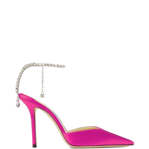 Jimmy Choo/周仰杰 22年秋冬新款 SAEDA 100系列 女士桃红色缎面水晶装饰高跟鞋SAEDA100BGH