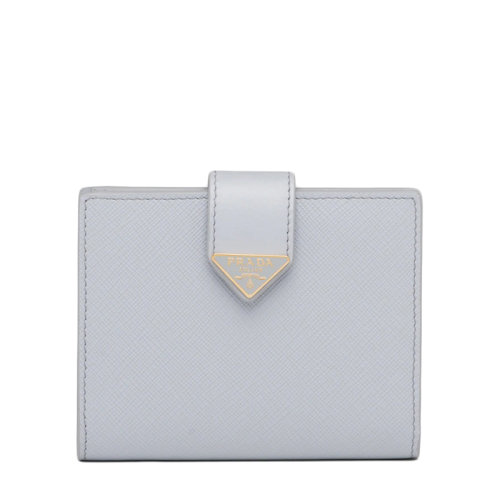 PRADA/普拉达 22春夏新款 女士小号矢车菊蓝灰色皮革徽标压纹珐琅金扣钱包1MV204_2DYG_F0591
