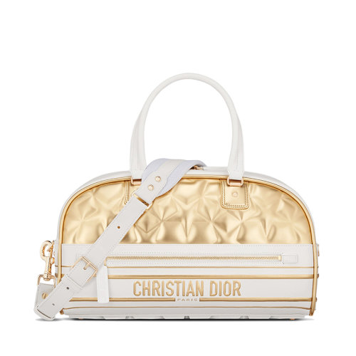 DIOR/迪奥 22春夏新款VIBE系列 女士中号白色金色牛皮革étoile图案绗缝效果拉链保龄球包手提包M6202OOLA_M01E