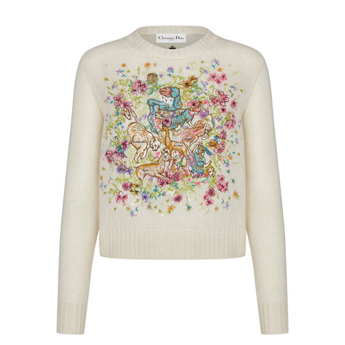 DIOR/迪奥 22年春夏新款 CHEZ MOI系列 女士米白色纯山羊绒嵌花编织多色D-Constellation图案针织衫毛衣244S57AM029_X0877