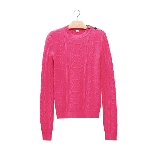 HERMES/爱马仕 22年秋冬新款 女士粉色羊毛混纺Promenade du Matin主题编织肩处饰牛角纽扣长袖套头衫毛衣H2H2644D65738