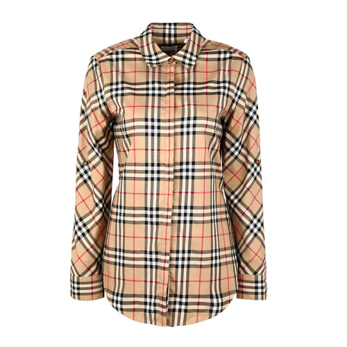 BURBERRY/博柏利女装卡其色棉质翻领经典格纹衬衣女士短袖衬衫8018475