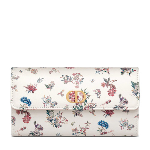 DIOR/迪奥 22新款CARO系列 女士奶白色小牛皮冬日花园主题印花翻盖开合长款钱包S5039USJS_M941