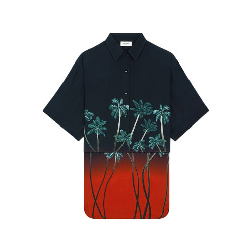 CELINE/赛琳 22年春夏新款 男士红色/黑色桑蚕丝落日棕榈树印花燕尾服短袖衬衫2C708402Q.27NG