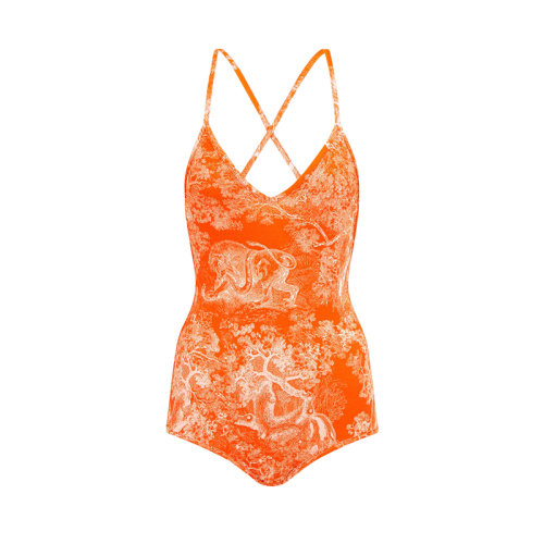 DIOR/迪奥 DIORIVIERA系列 22年秋冬新款 女士橙色聚酰胺纤维科技面料茹伊印花一体式泳衣24BS01R2825_X2825