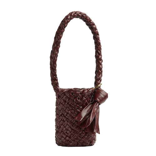 Bottega Veneta/葆蝶家 22新款 女士巴罗洛酒红色小牛皮Intreccio图案褶皱皮革金属环打结滑动肩带黄铜饰面单肩手提包715021V2BJ02250