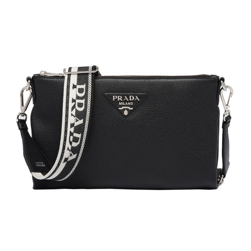 PRADA/普拉达 22新款 女士小号黑色皮革配徽标印花刺绣拆卸肩带金属配饰拉链开合单肩斜挎包1BH050_2DKV_F0002_V_3OM