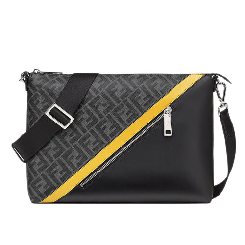 FENDI/芬迪   男士灰色老花压花织物拼黑色黄色皮革细节信使包斜跨单肩包7VA470A9XSF0R2A