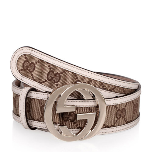 GUCCI/古驰 男女同款 中性经典金色双G扣白色织物配皮板扣皮带腰带 114876-F40IG-9761